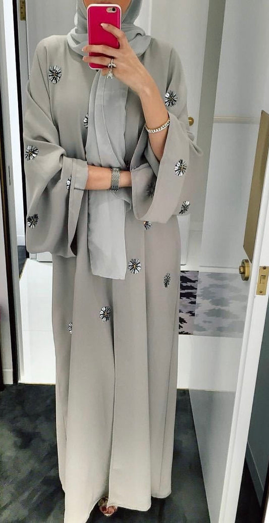 Abaya with rhinestone flowers